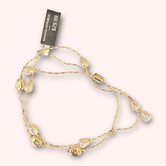 Banana Republic Jewelry - Banana Republic Gold Adjustable Bracelet with Faux Pearls and Hammered Beads NWT